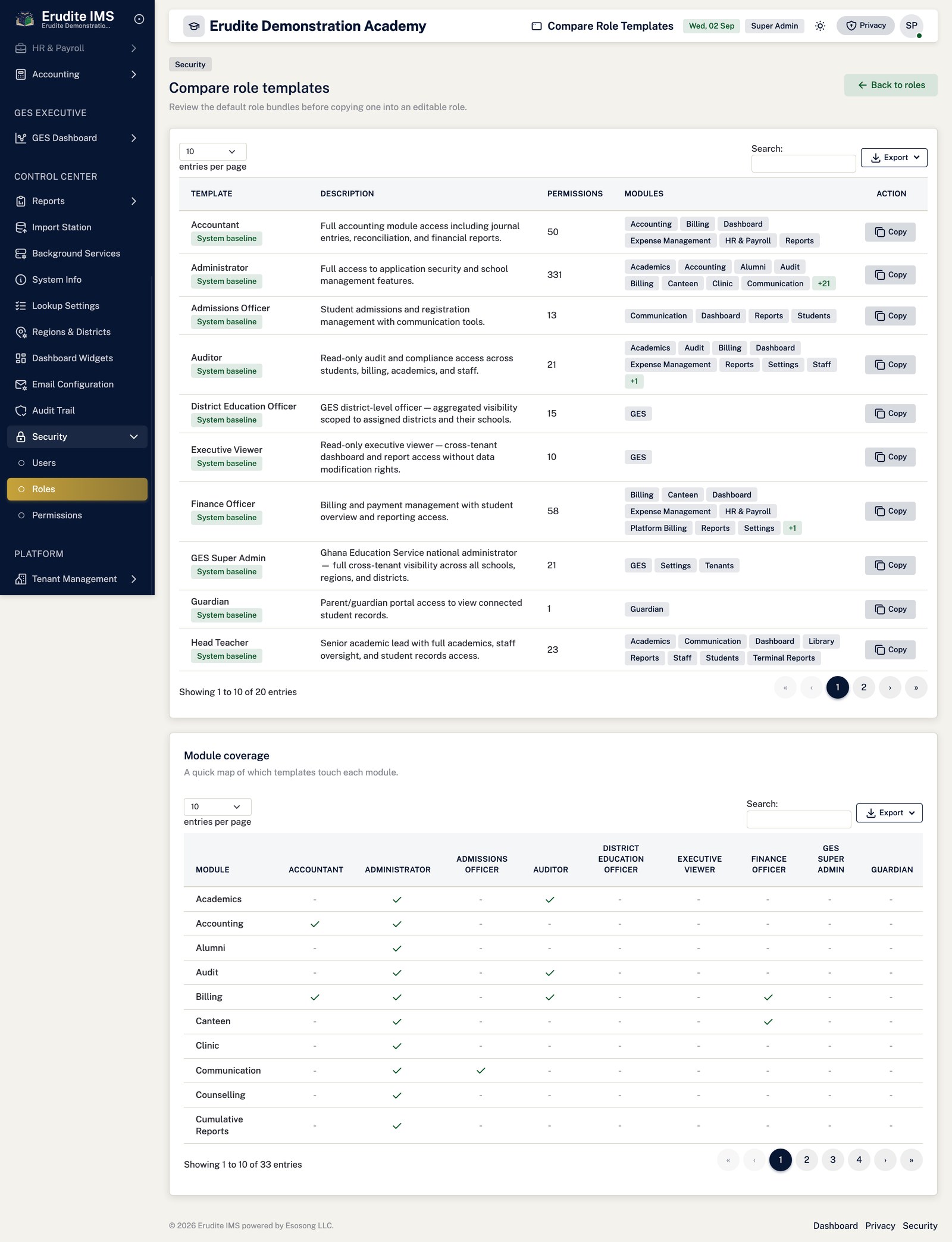 Application Roles compare templates screen