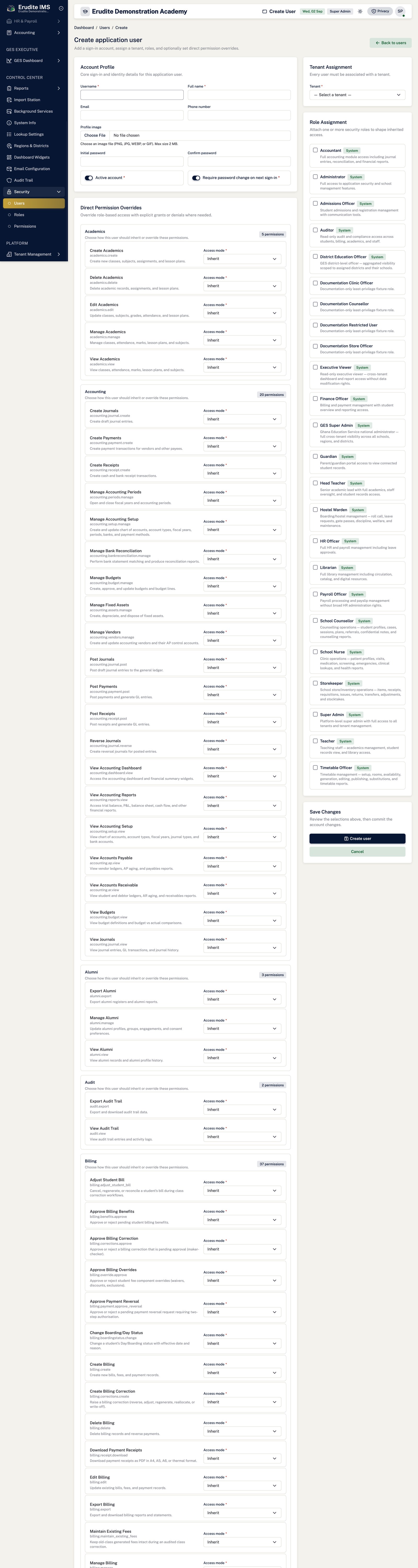 Application Users create form screen