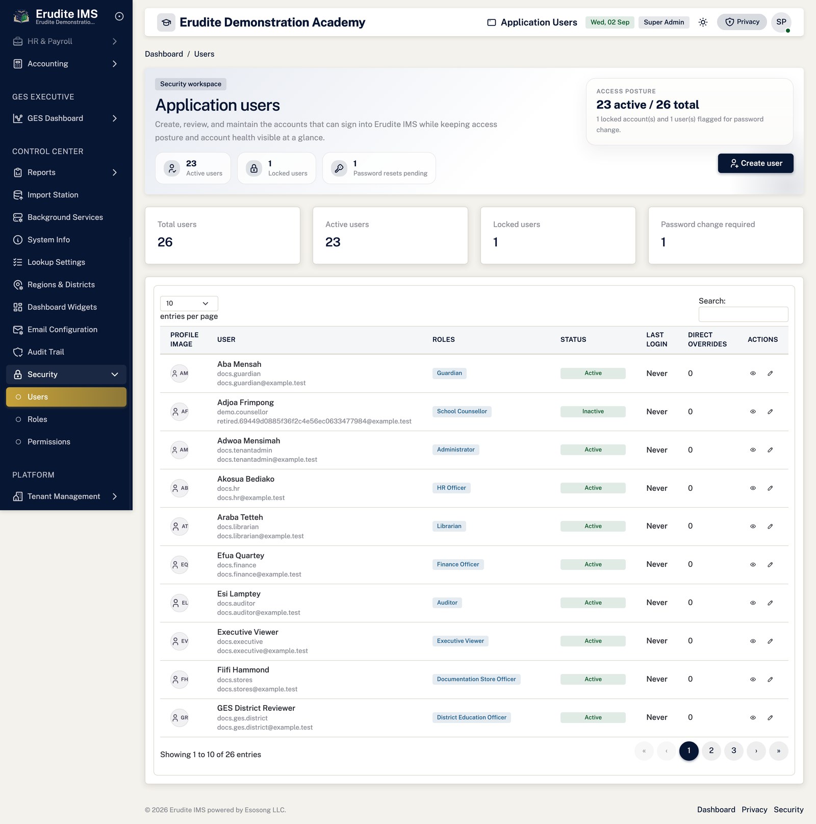 Application Users list screen