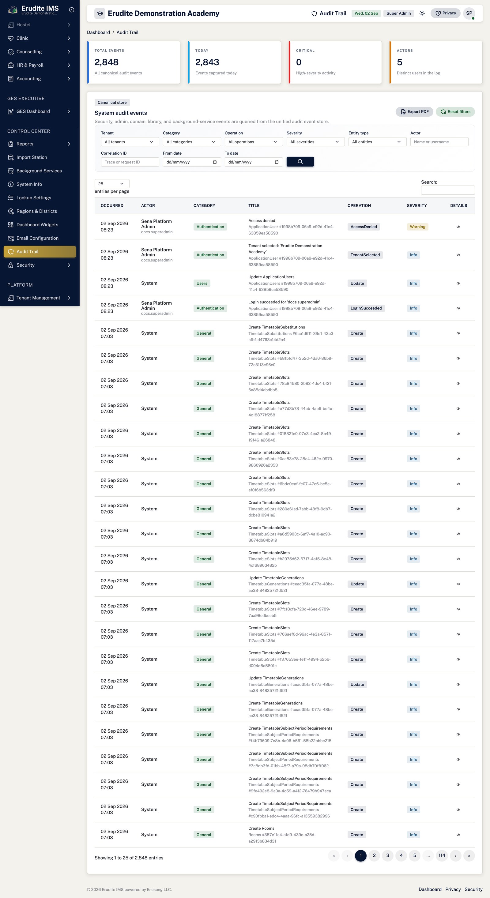Audit Trail list screen