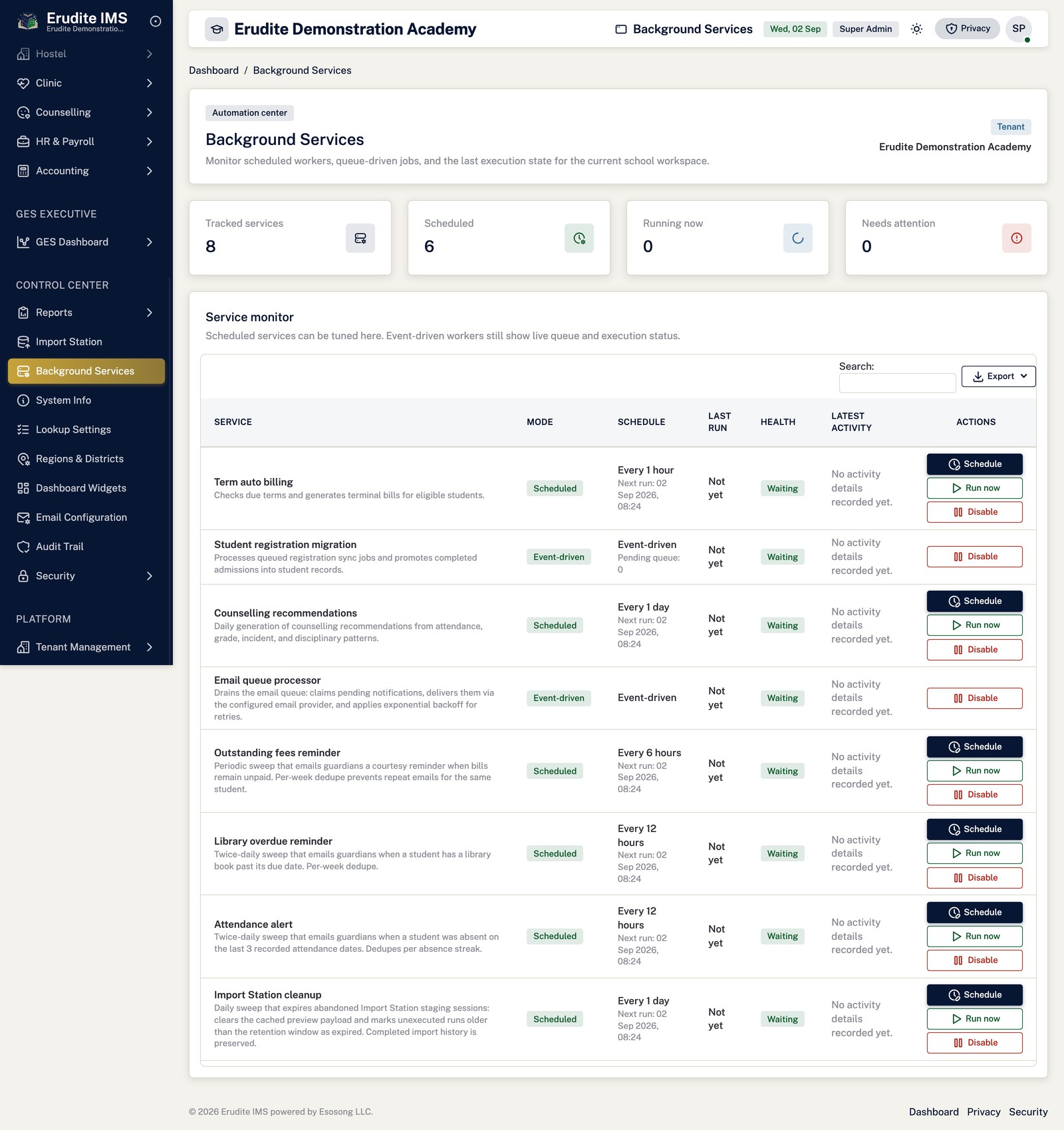 Background Services list screen