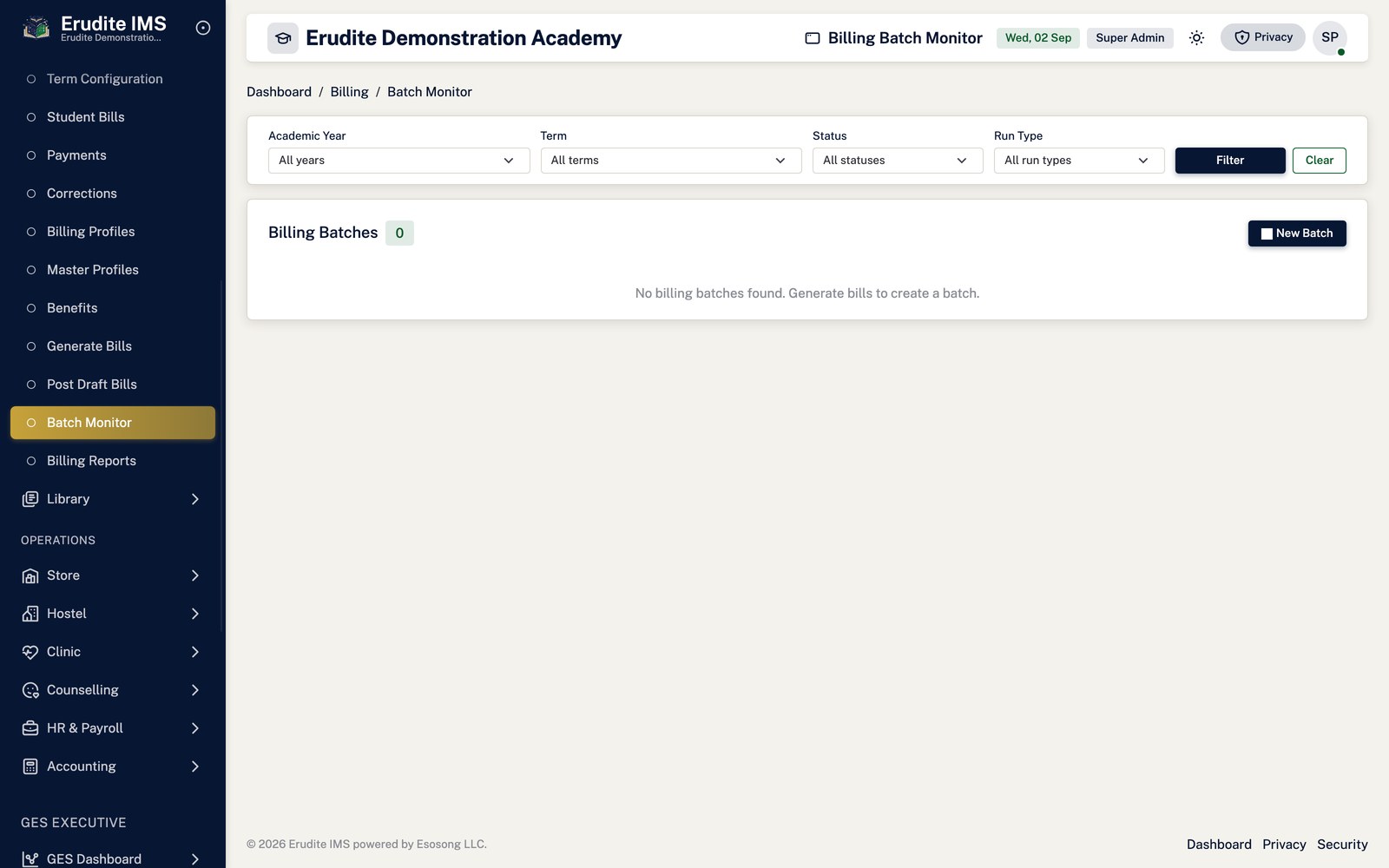 Billing Batches list screen