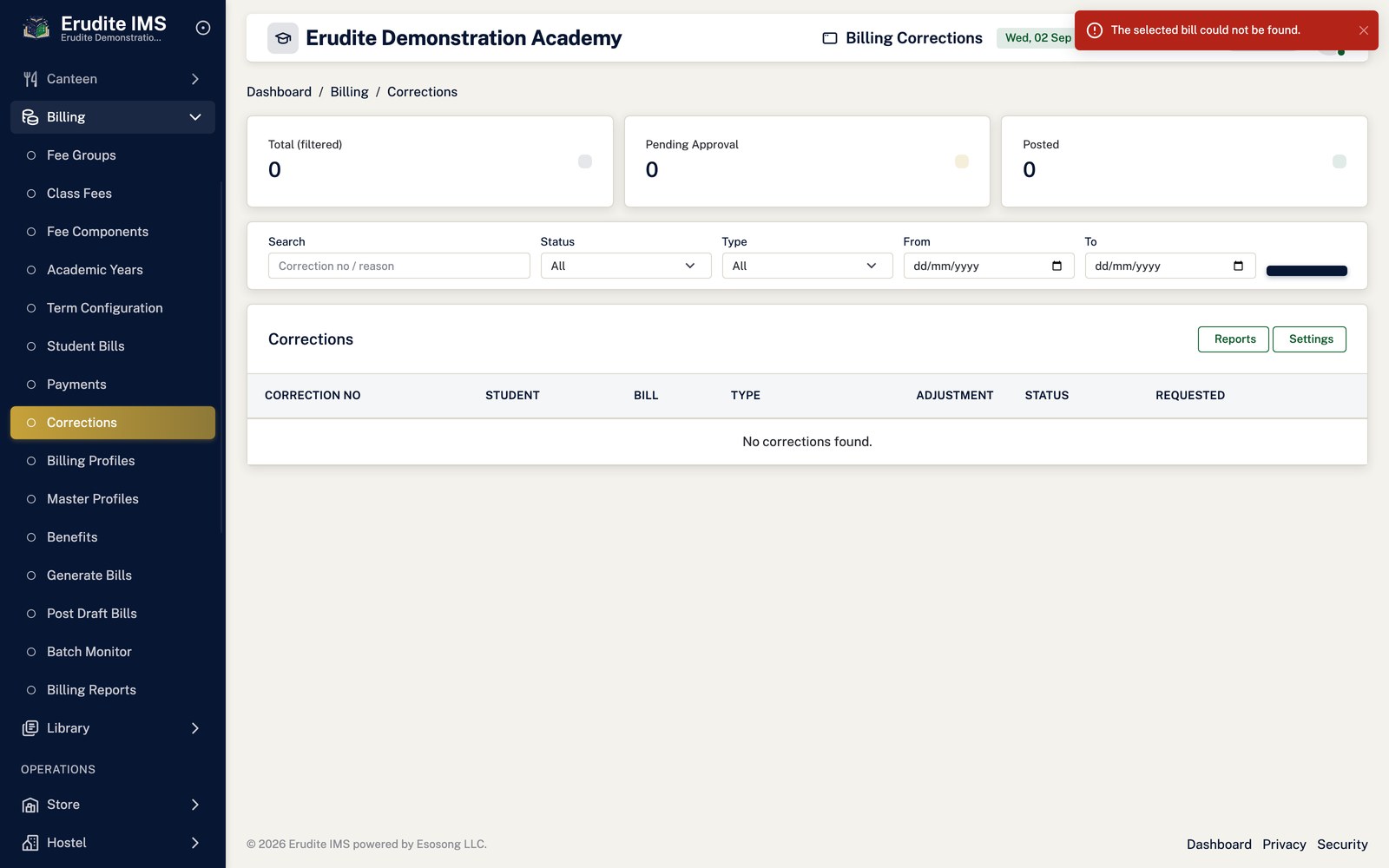 Billing Corrections create form screen
