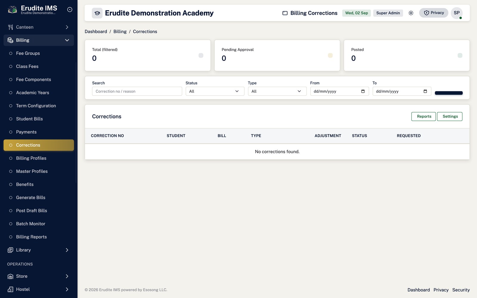 Billing Corrections list screen