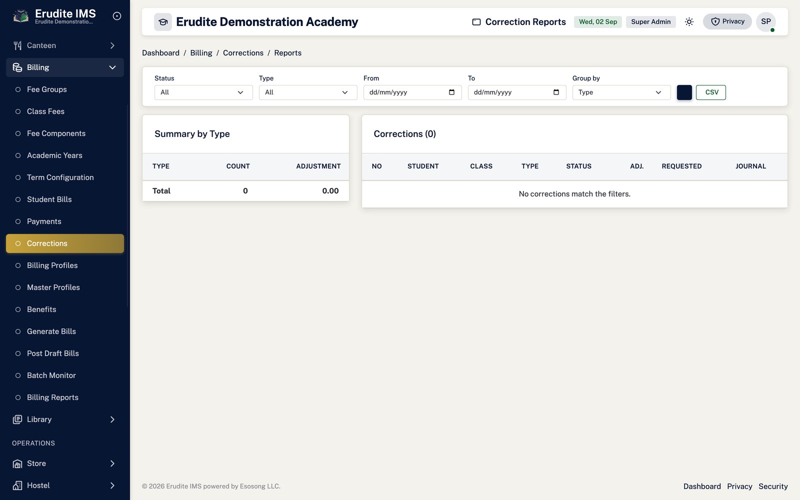 Billing Corrections reports screen