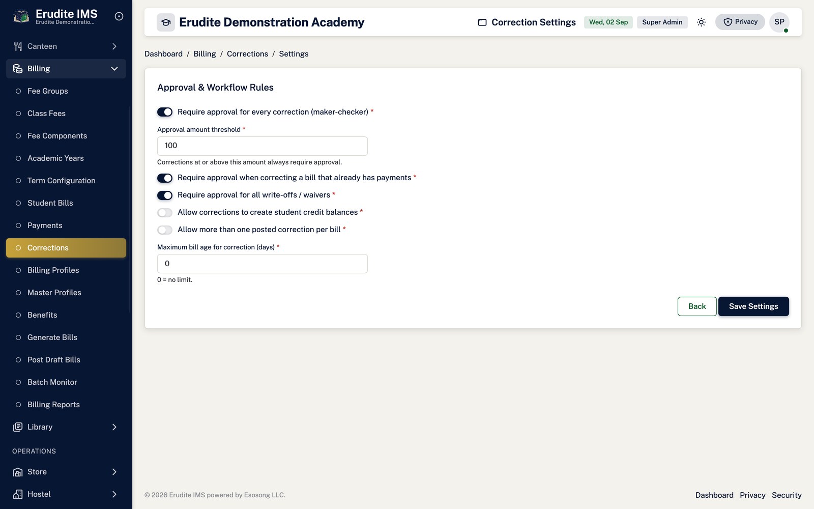 Billing Corrections settings screen