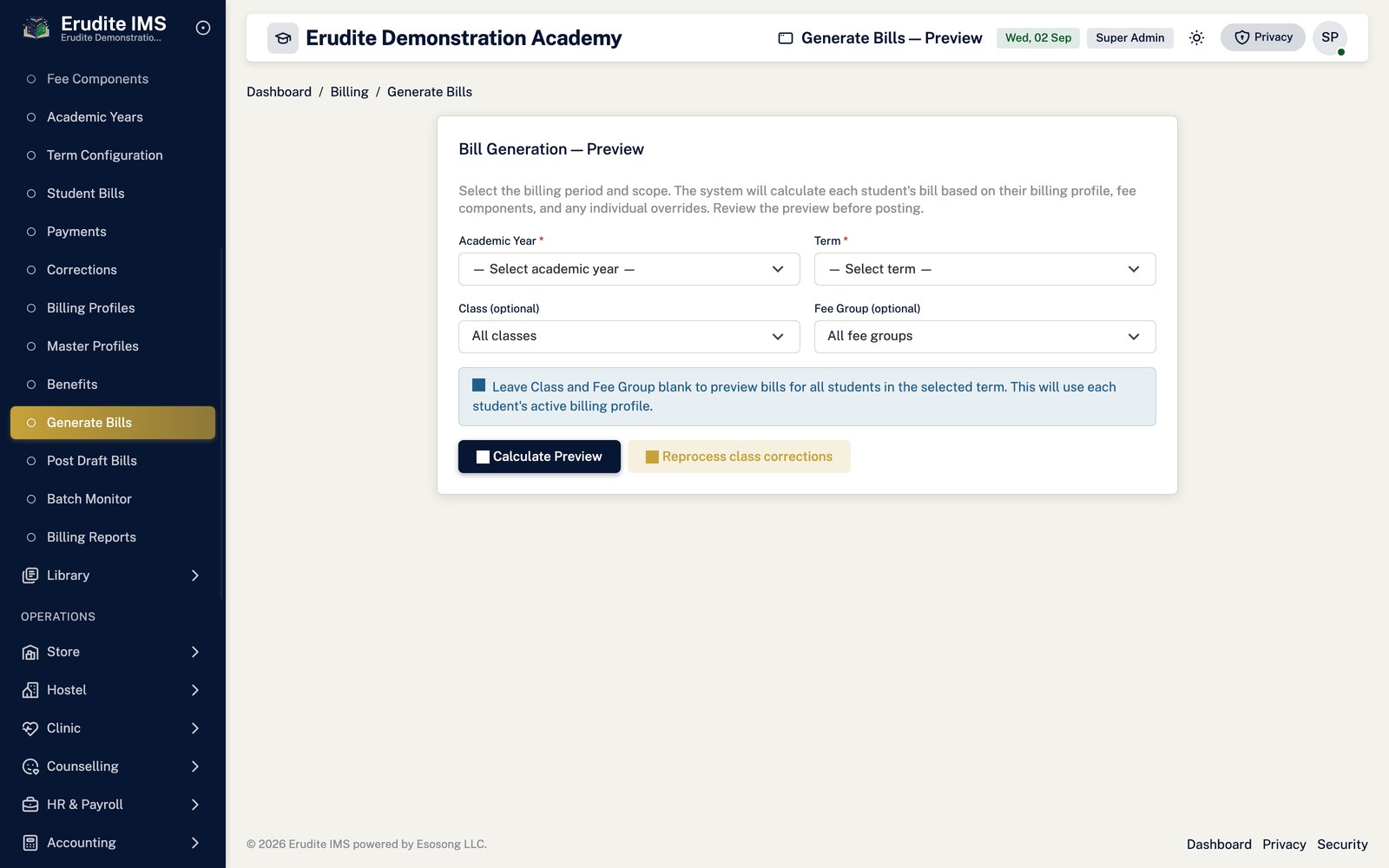 Billing Generation preview screen