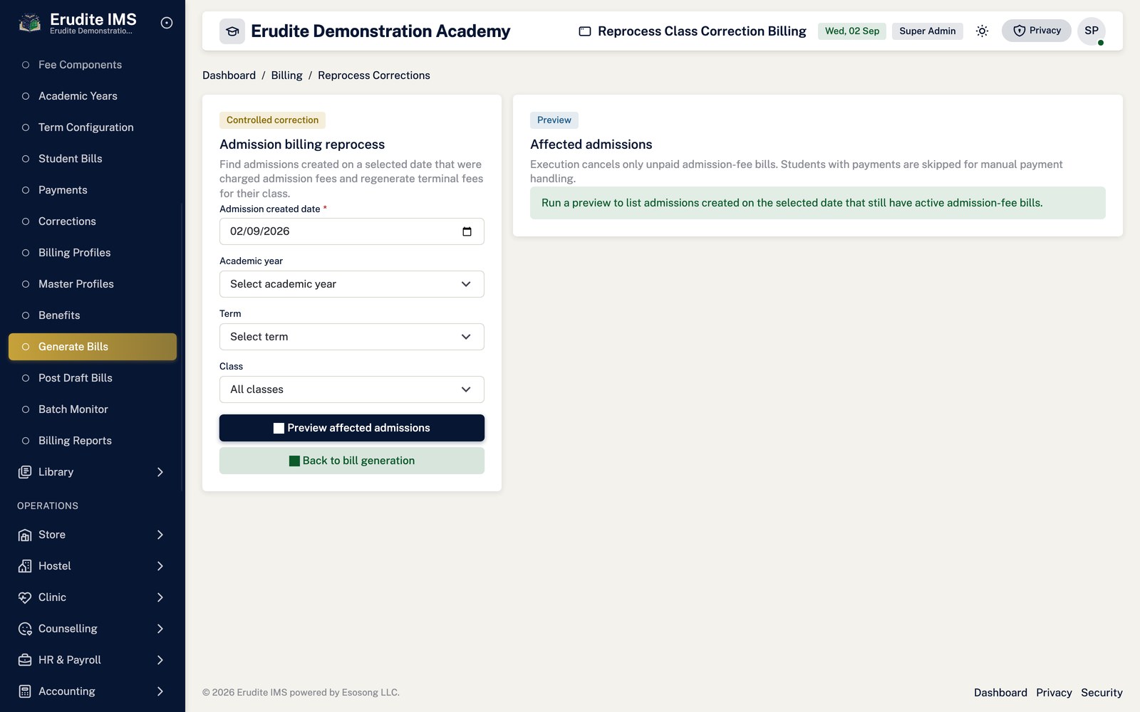 Billing Generation reprocess admission class corrections screen