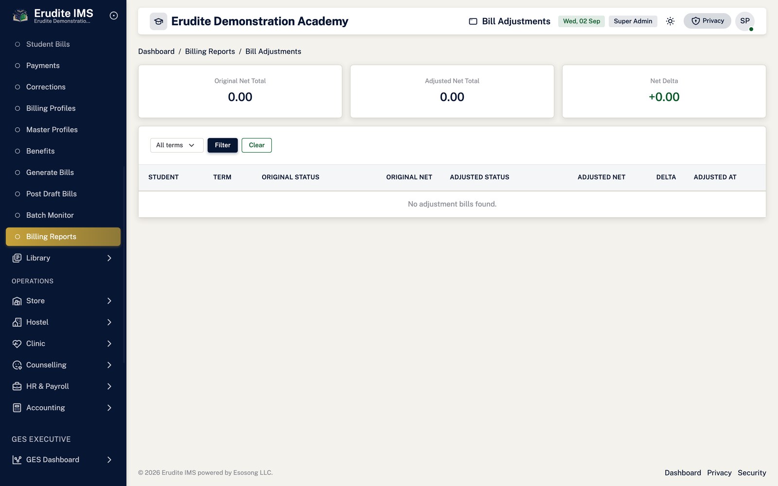 Billing Reports bill adjustments screen
