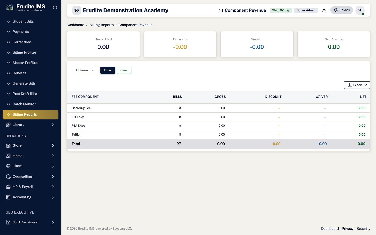 Billing Reports component revenue screen