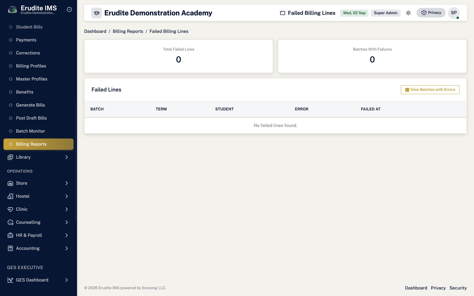 Billing Reports failed billing lines screen