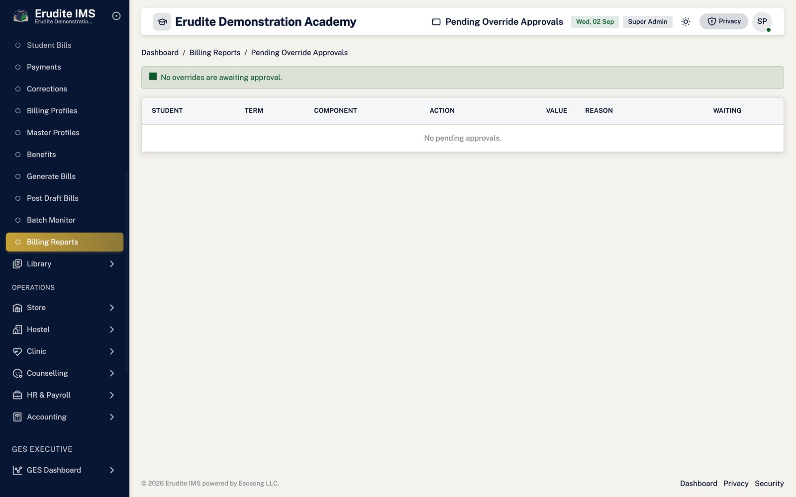 Billing Reports pending override approvals screen