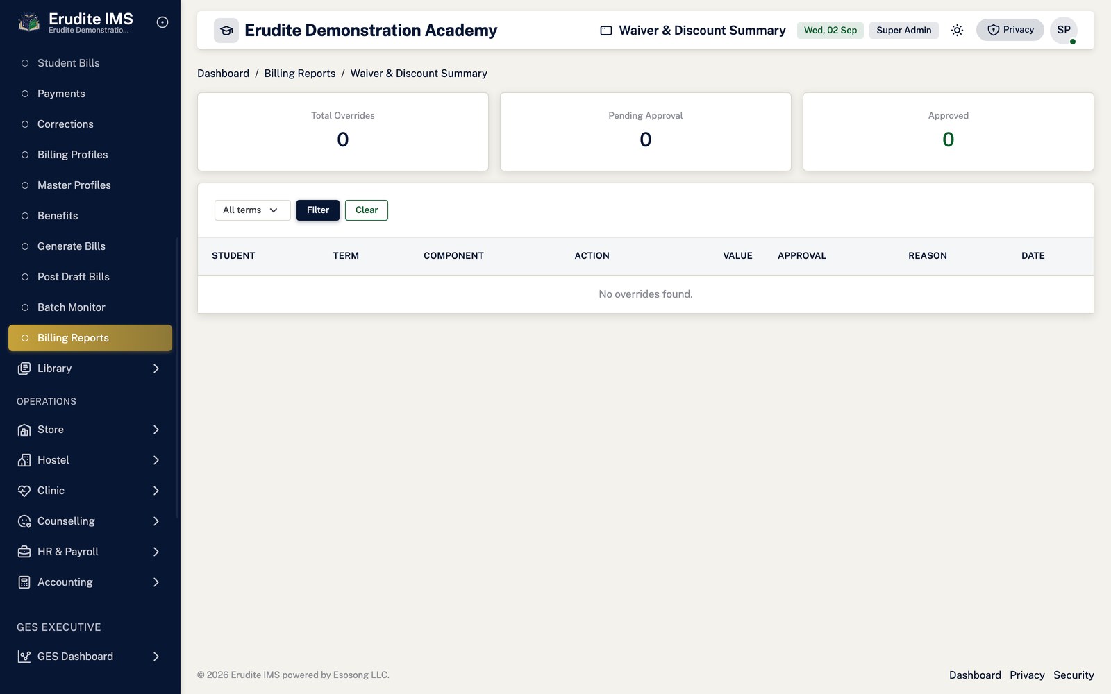 Billing Reports waiver discount summary screen
