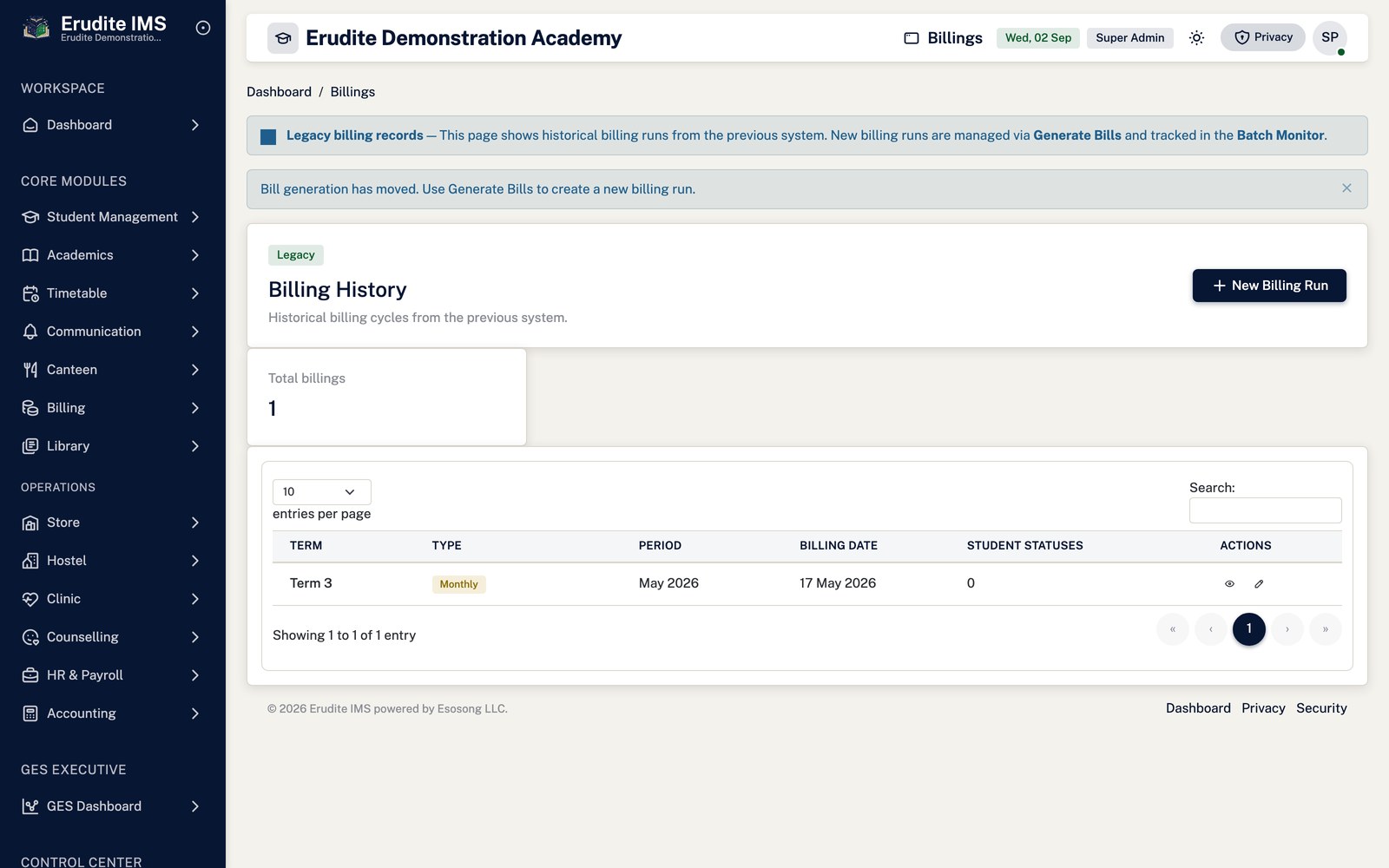Billings list screen
