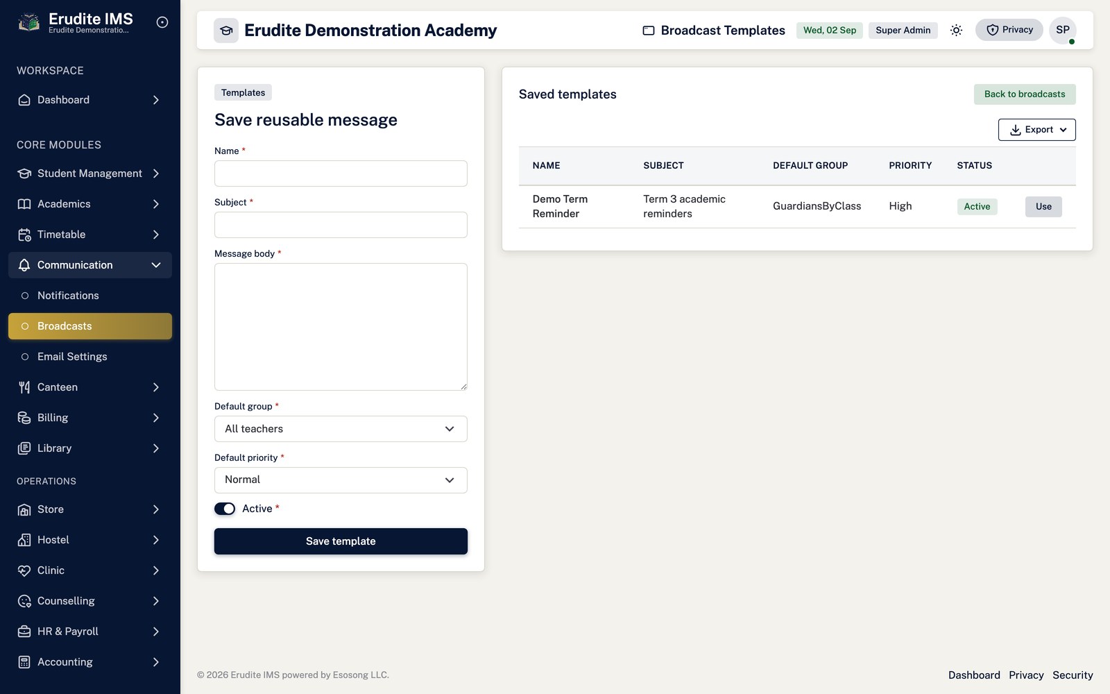 Broadcasts templates screen