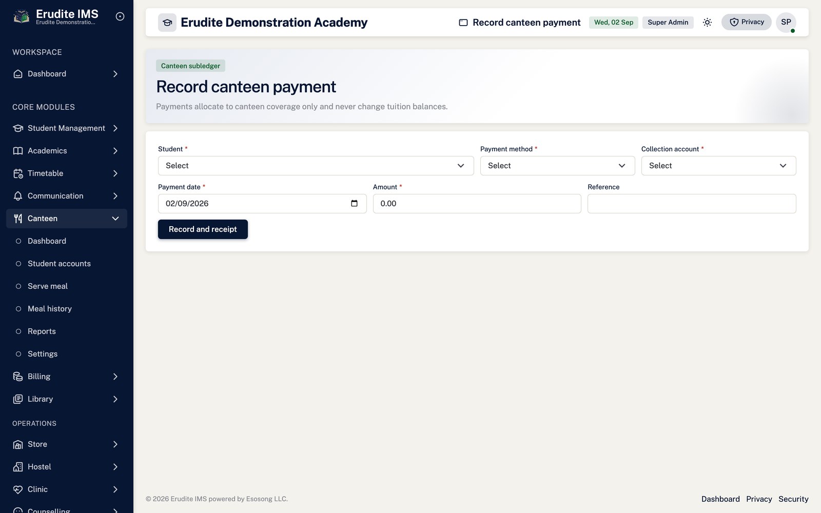 Canteen payment screen