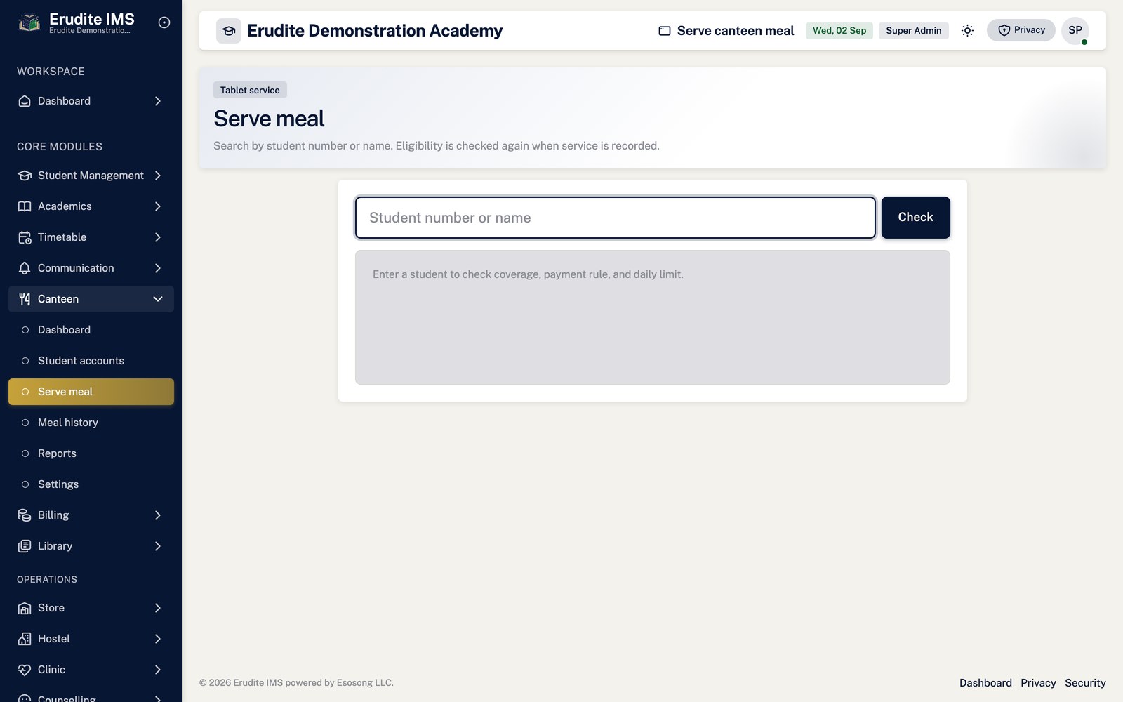 Canteen serve screen