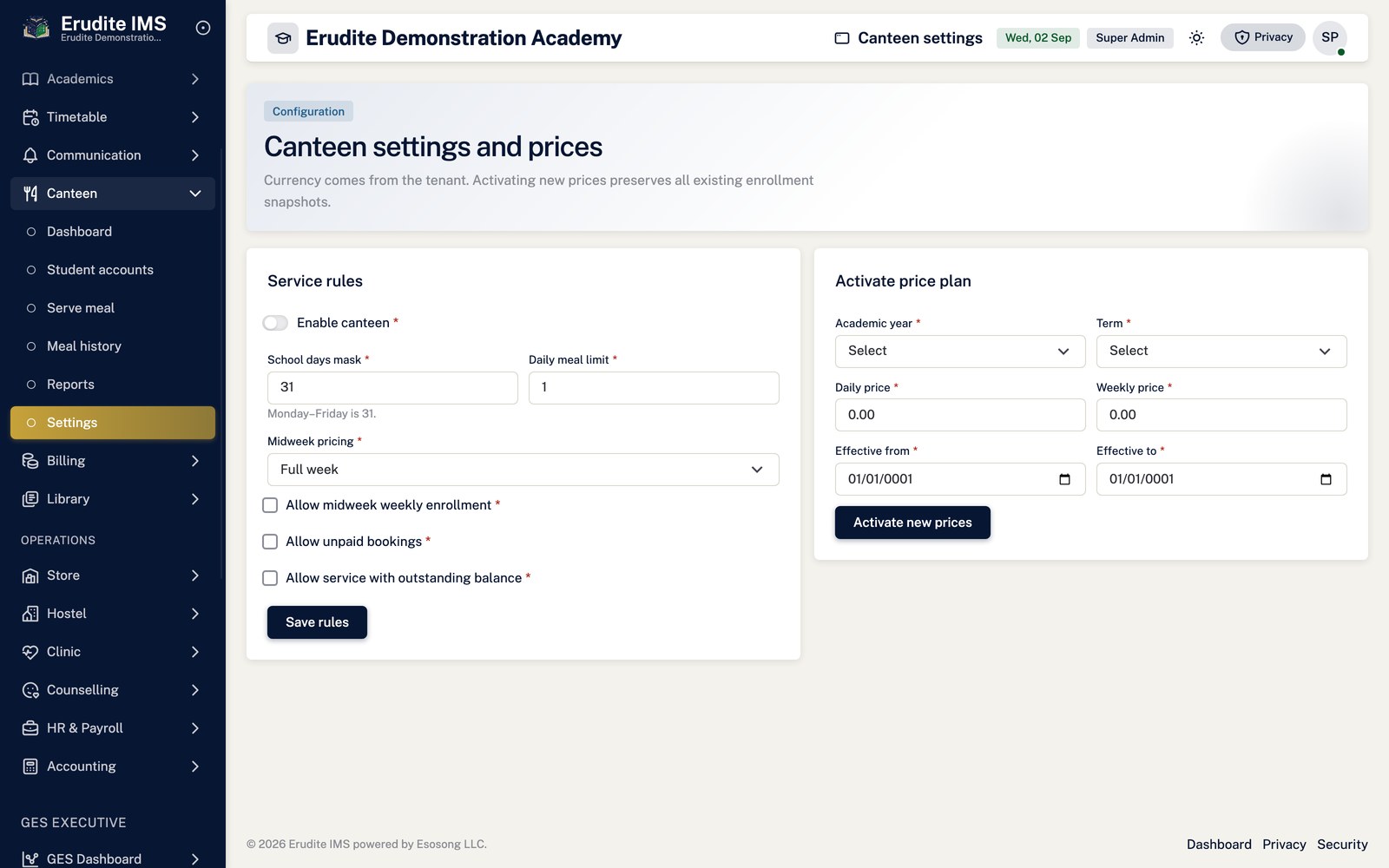 Canteen settings screen