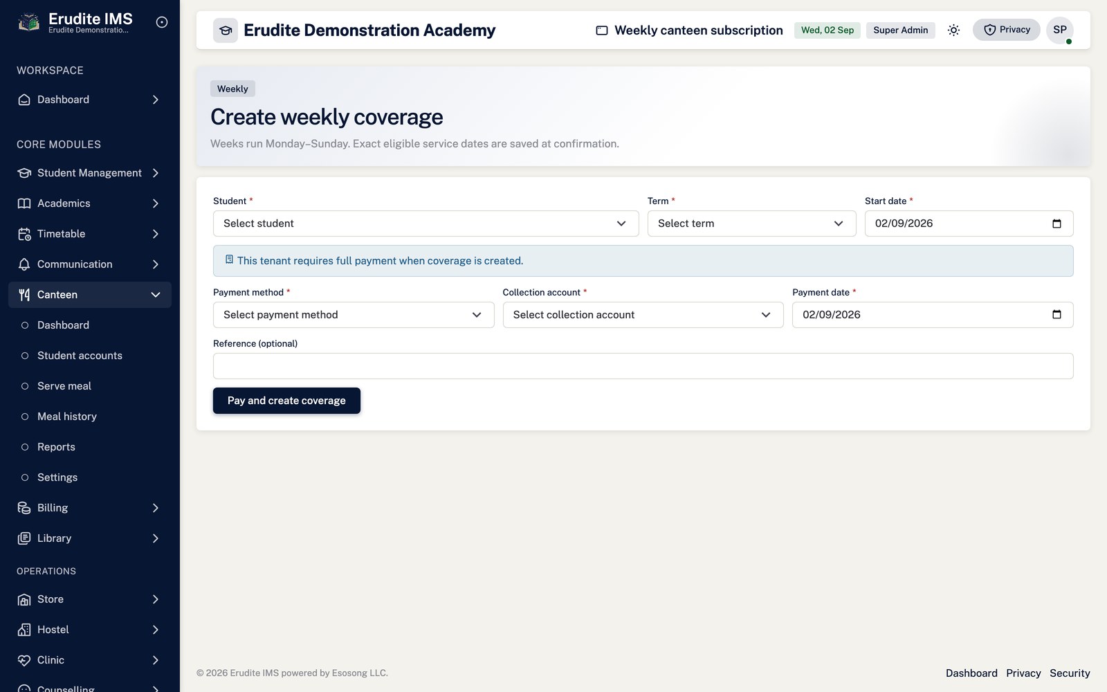 Canteen weekly subscription screen