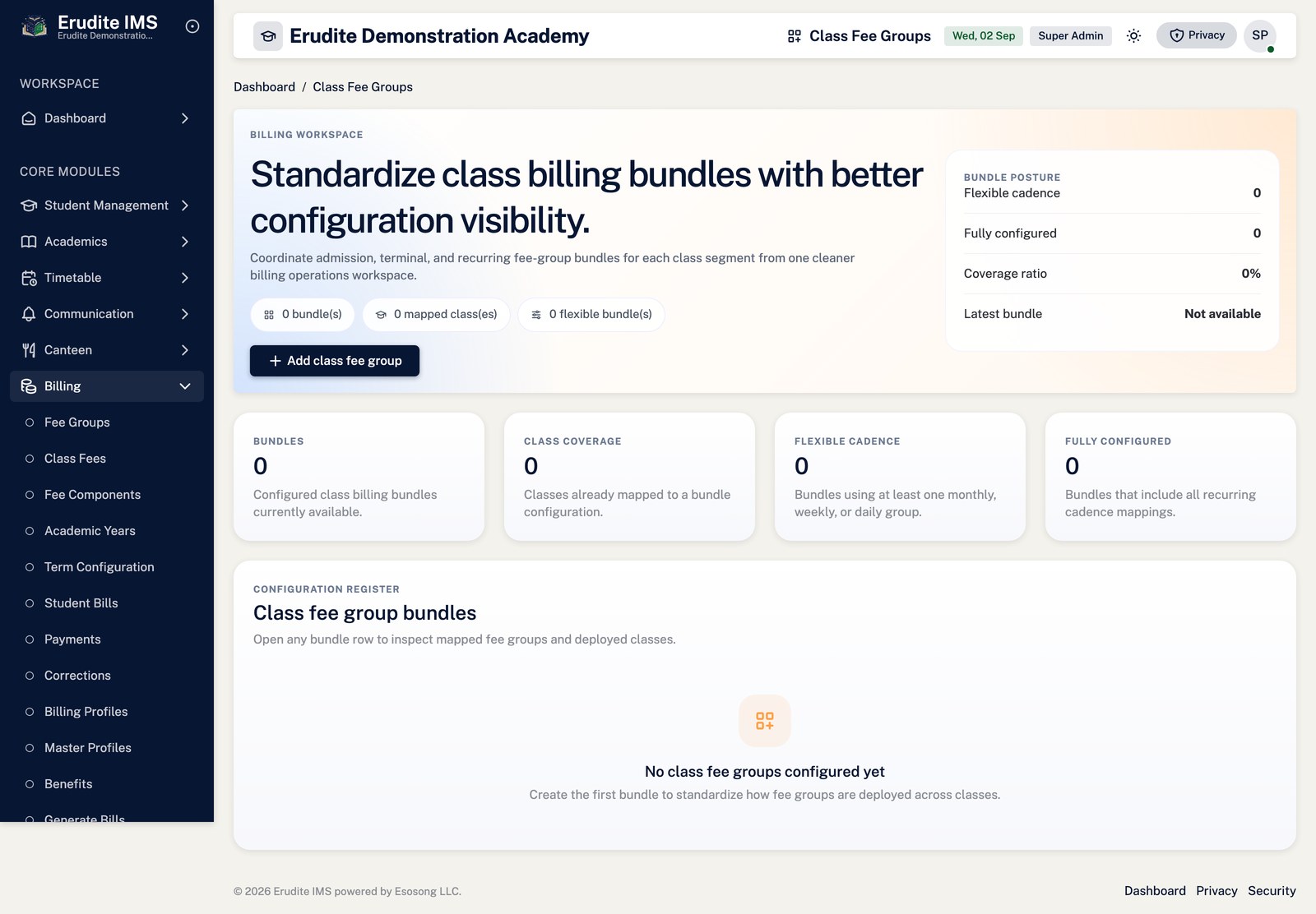 Class Fee Groups list screen