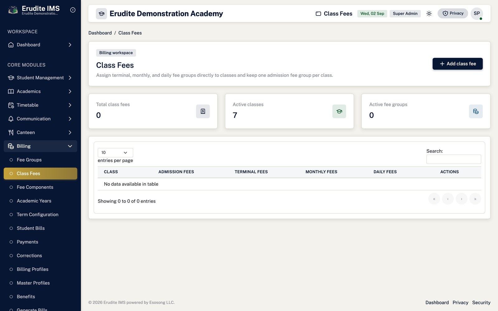 Class Fees list screen