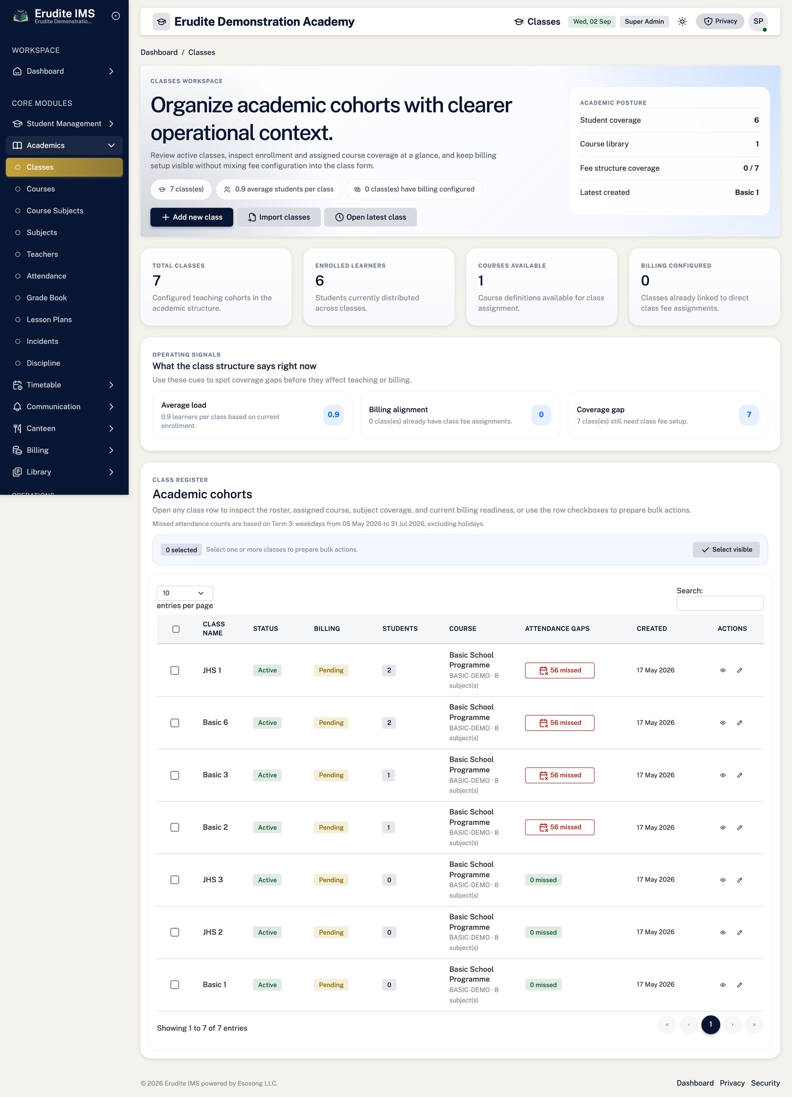 Classes list screen