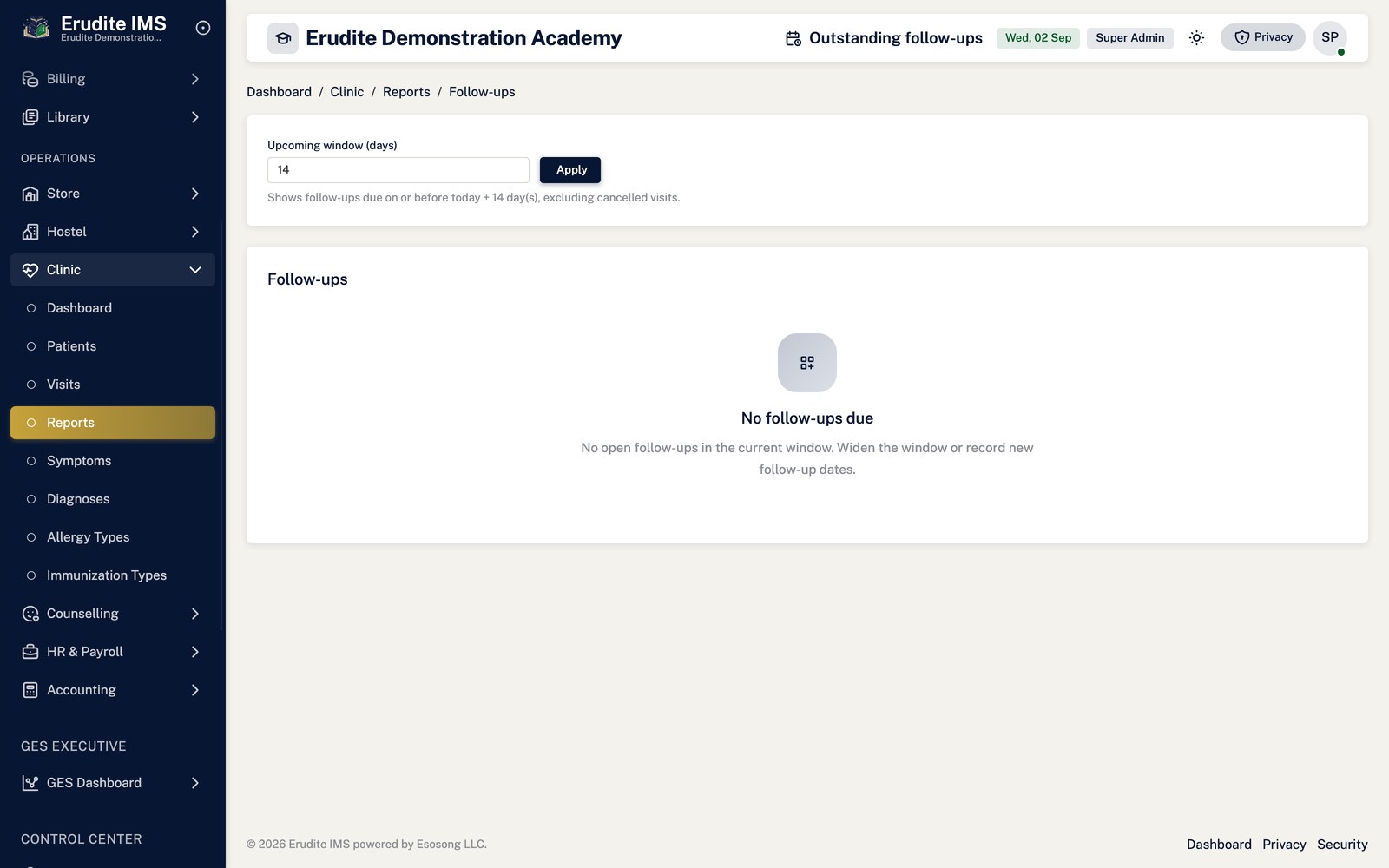 Clinic Reports follow ups screen