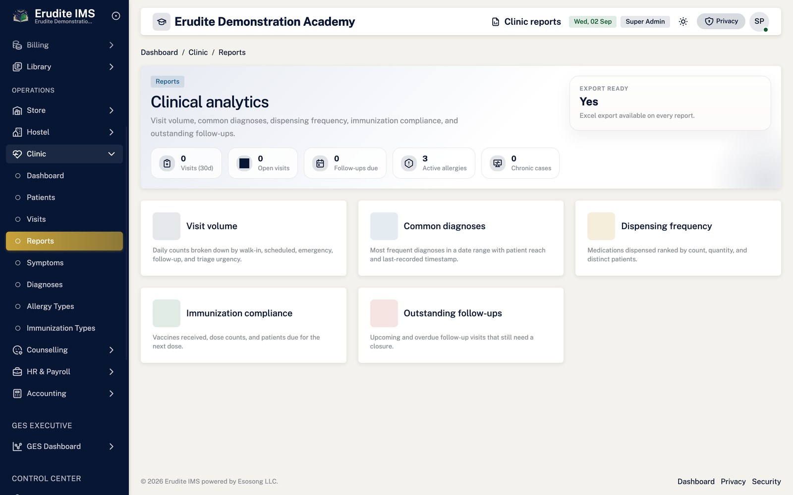 Clinic Reports list screen