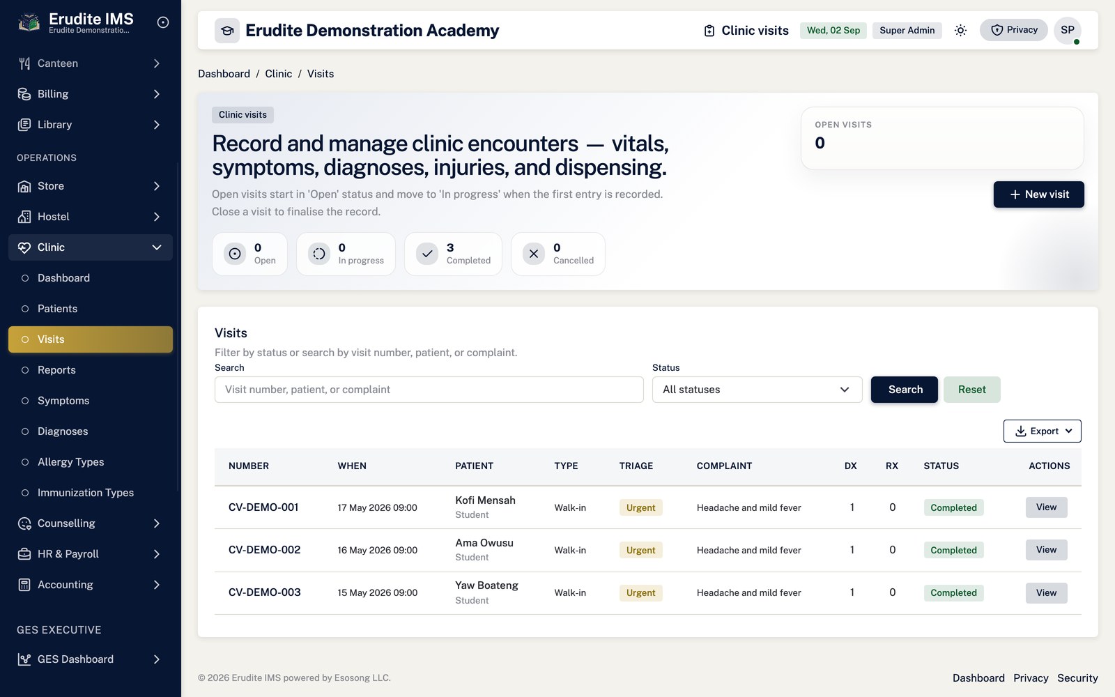 Clinic Visits list screen