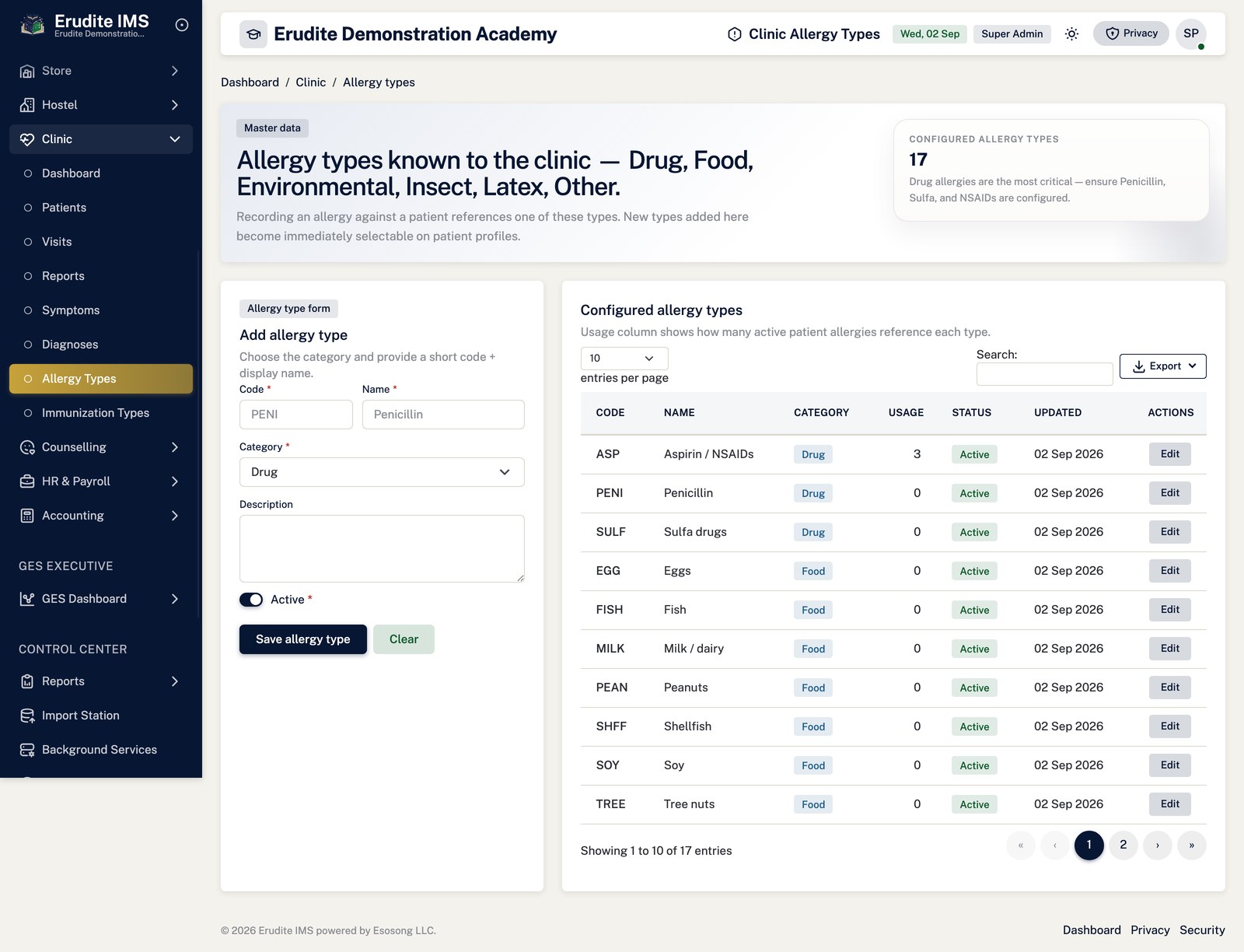Clinic allergy types screen