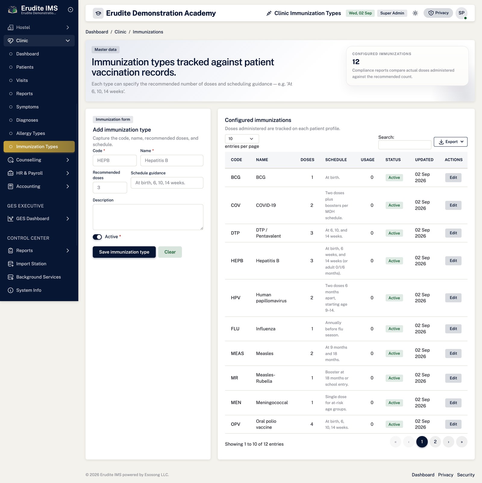Clinic immunization types screen