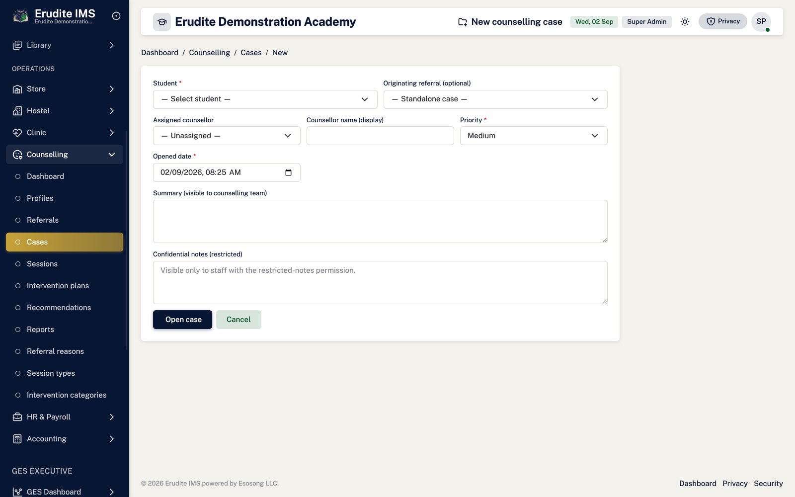 Counselling Cases create form screen
