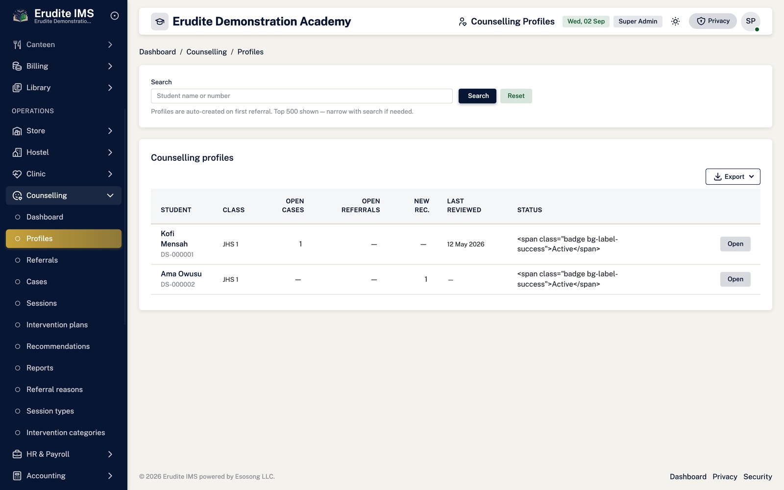 Counselling Profiles list screen