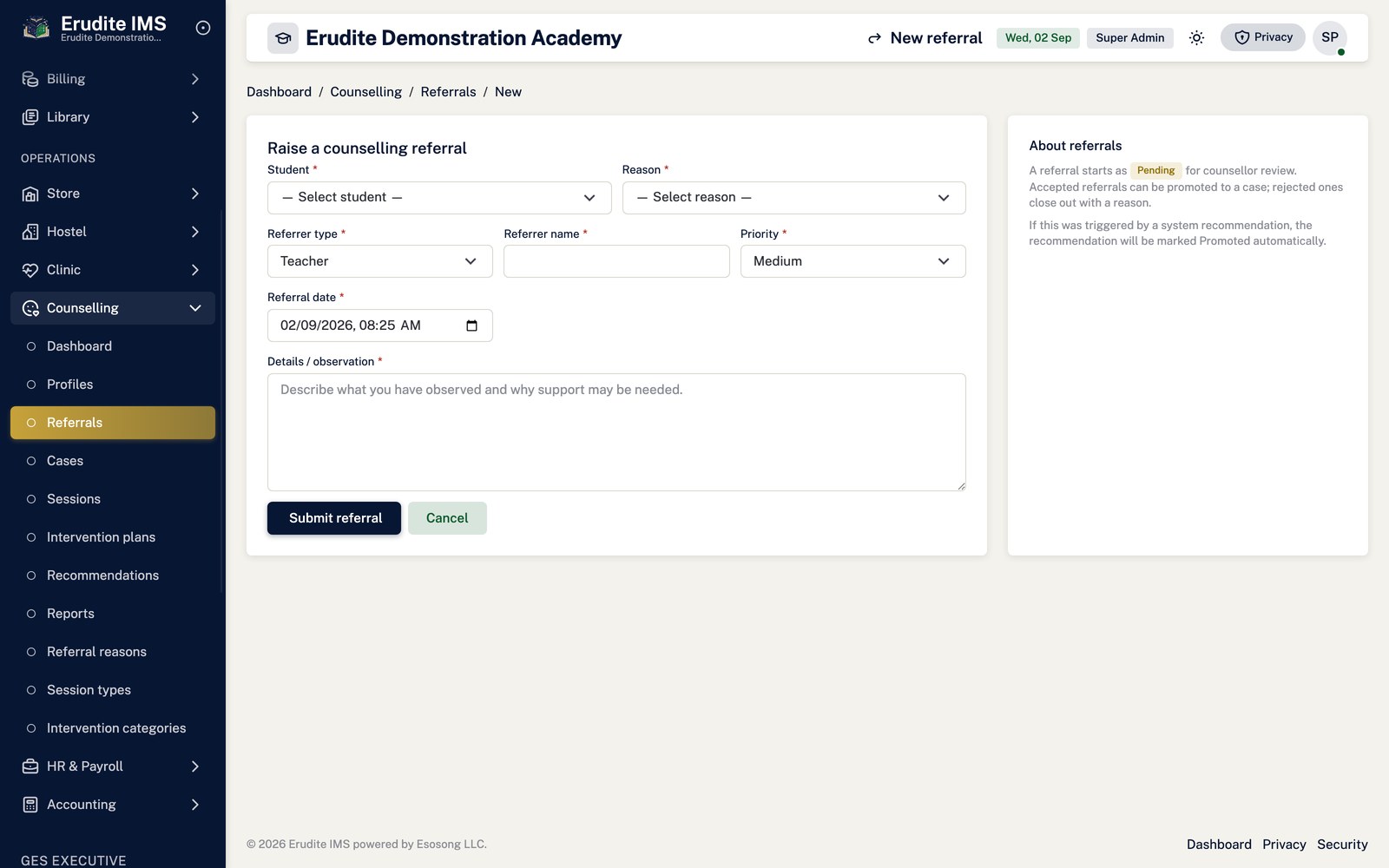 Counselling Referrals create form screen