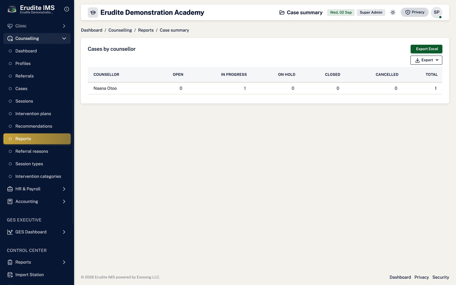 Counselling Reports case summary screen