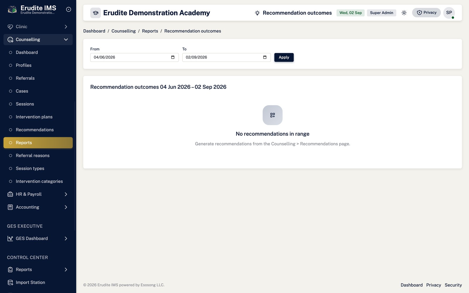 Counselling Reports recommendation outcomes screen