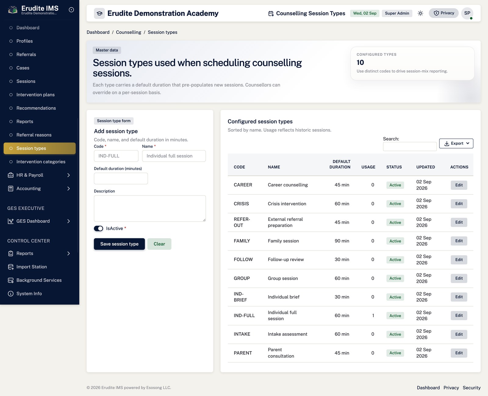 Counselling session types screen