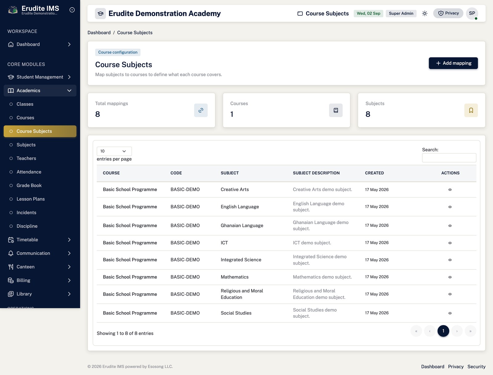 Course Subjects list screen
