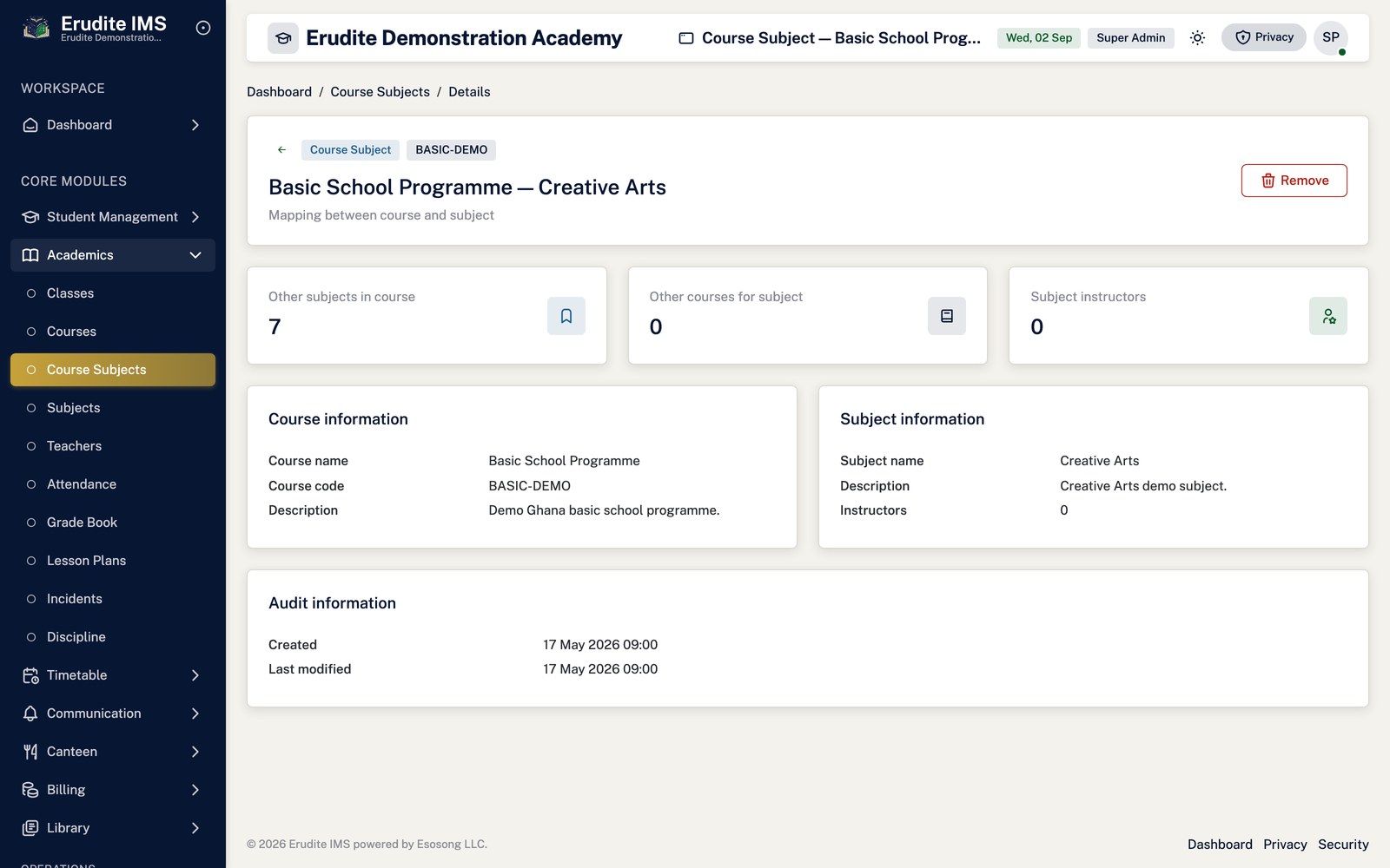 Course Subjects record screen