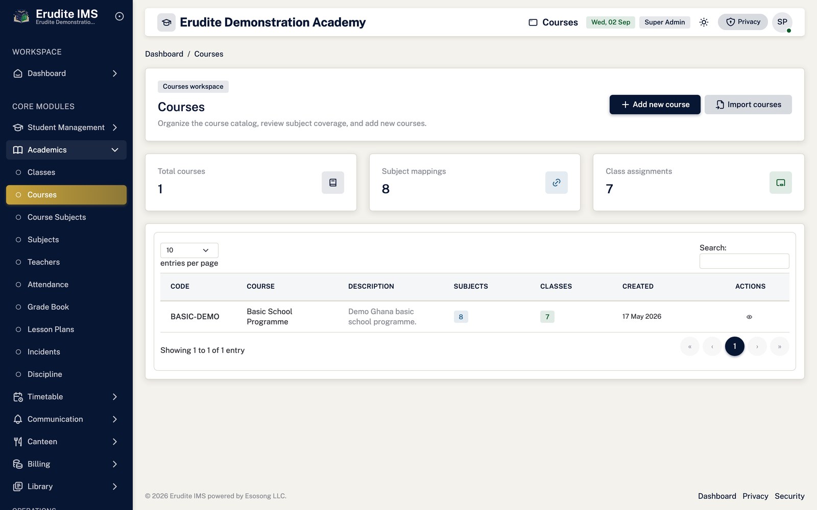 Courses list screen