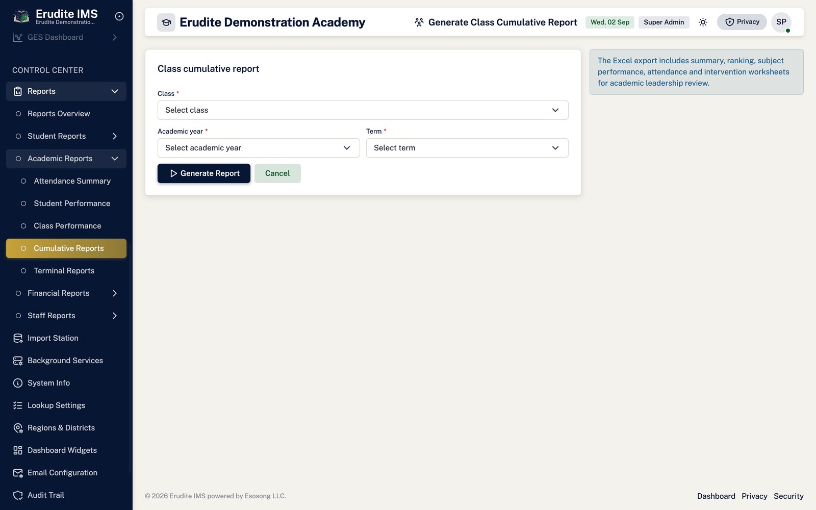 Cumulative Reports generate class screen