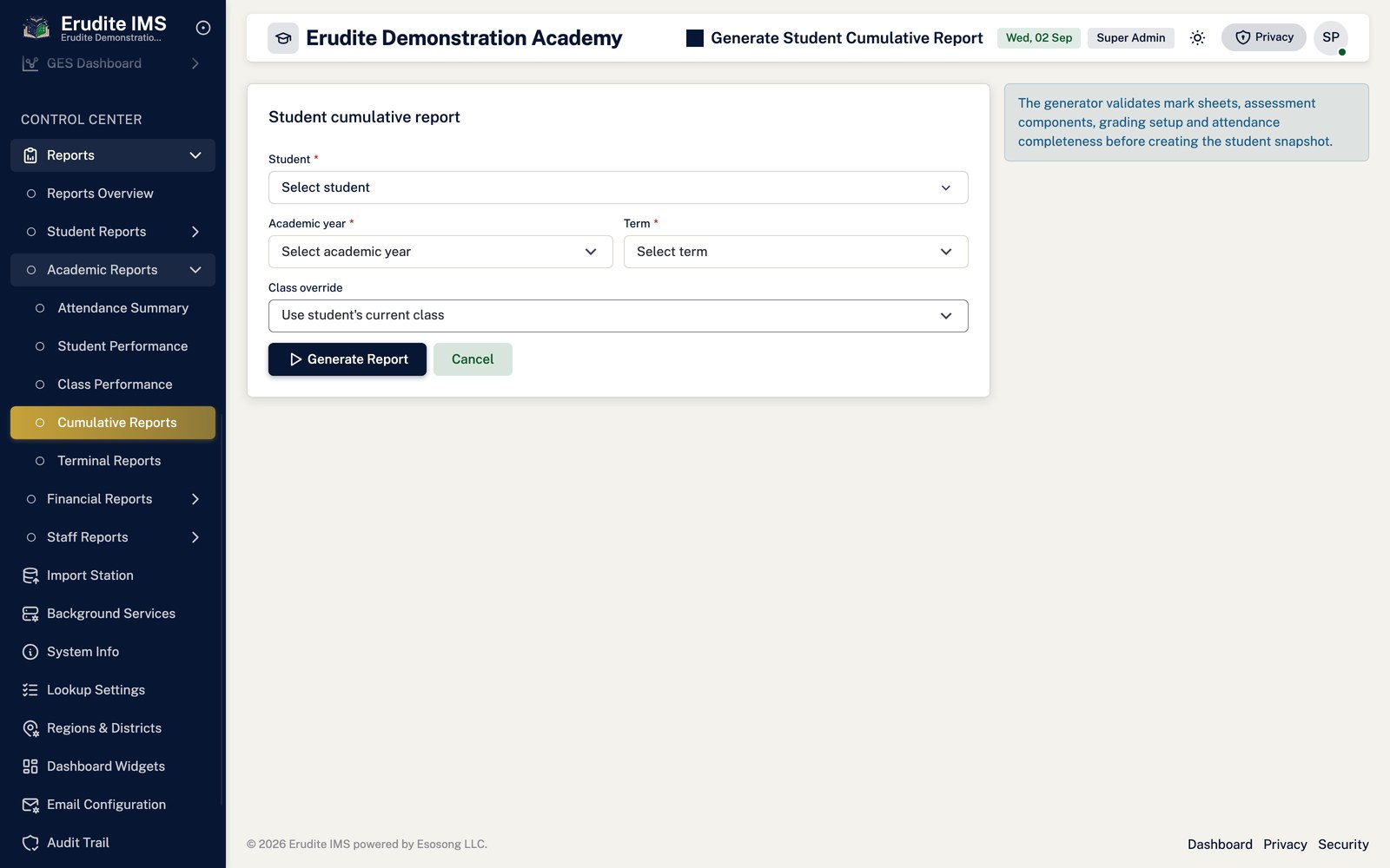 Cumulative Reports generate student screen