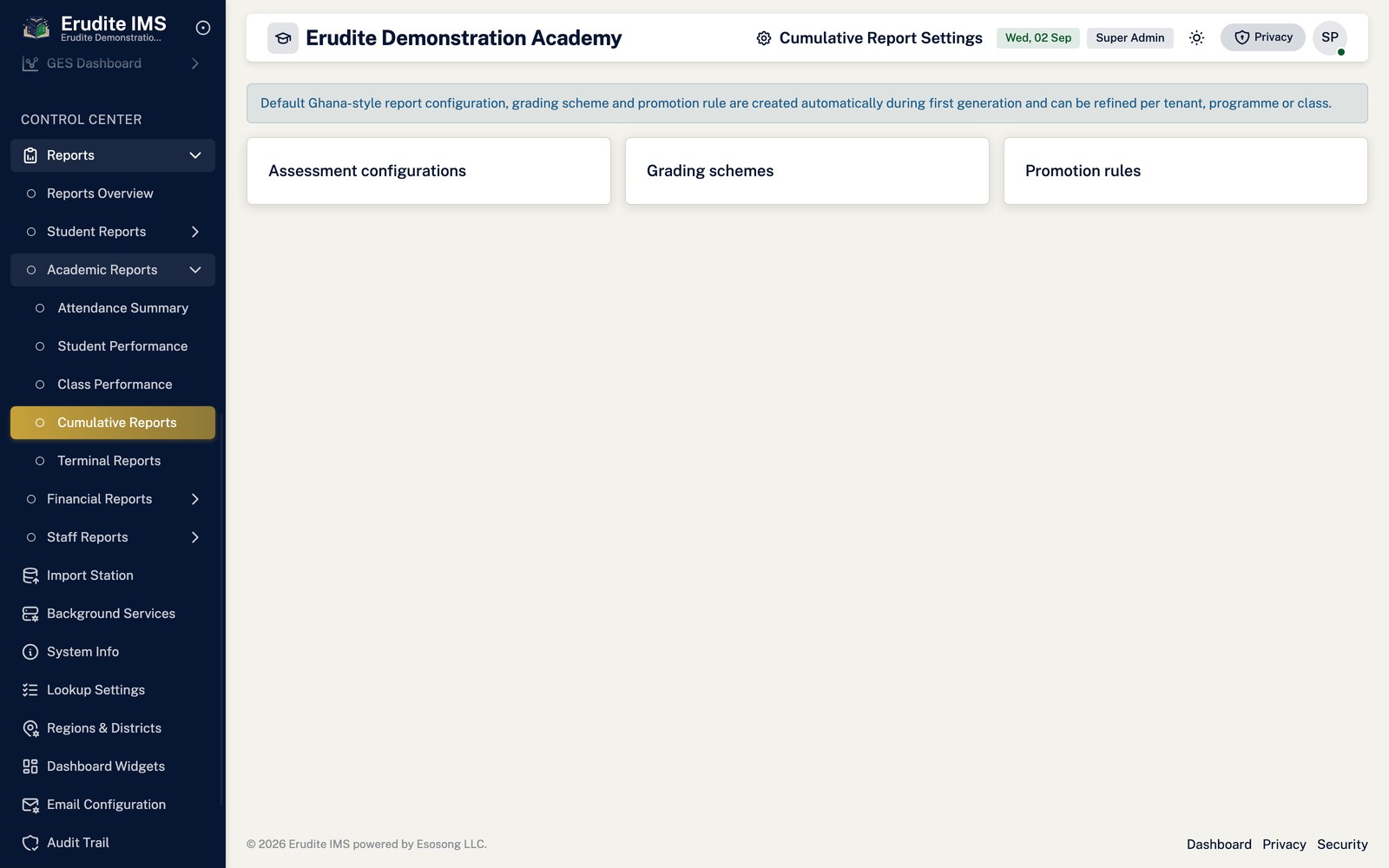 Cumulative Reports settings screen