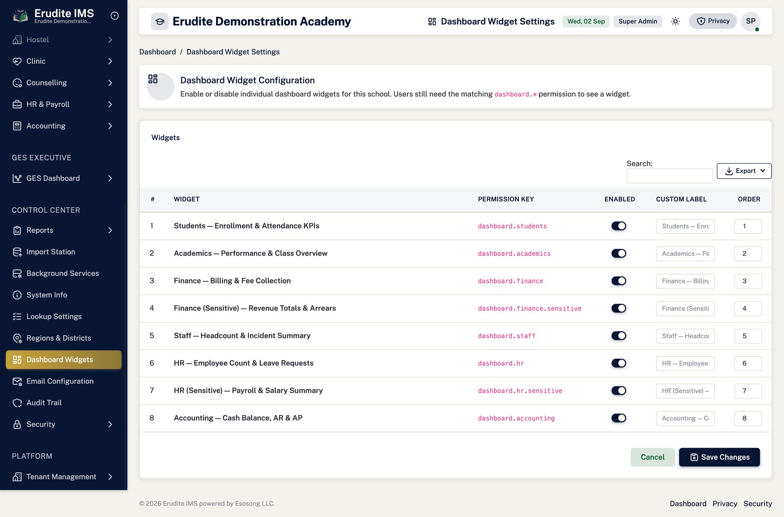 Dashboard Config list screen