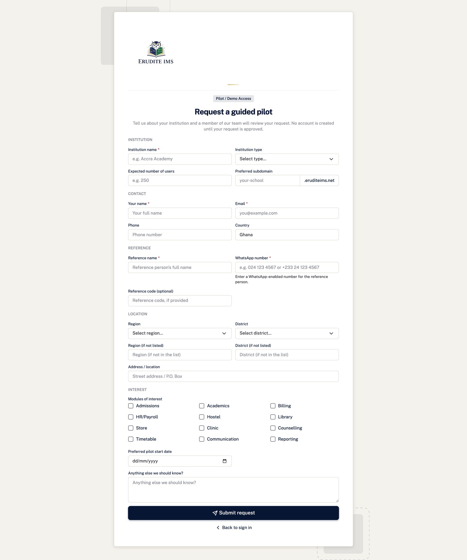 Demo Request request screen