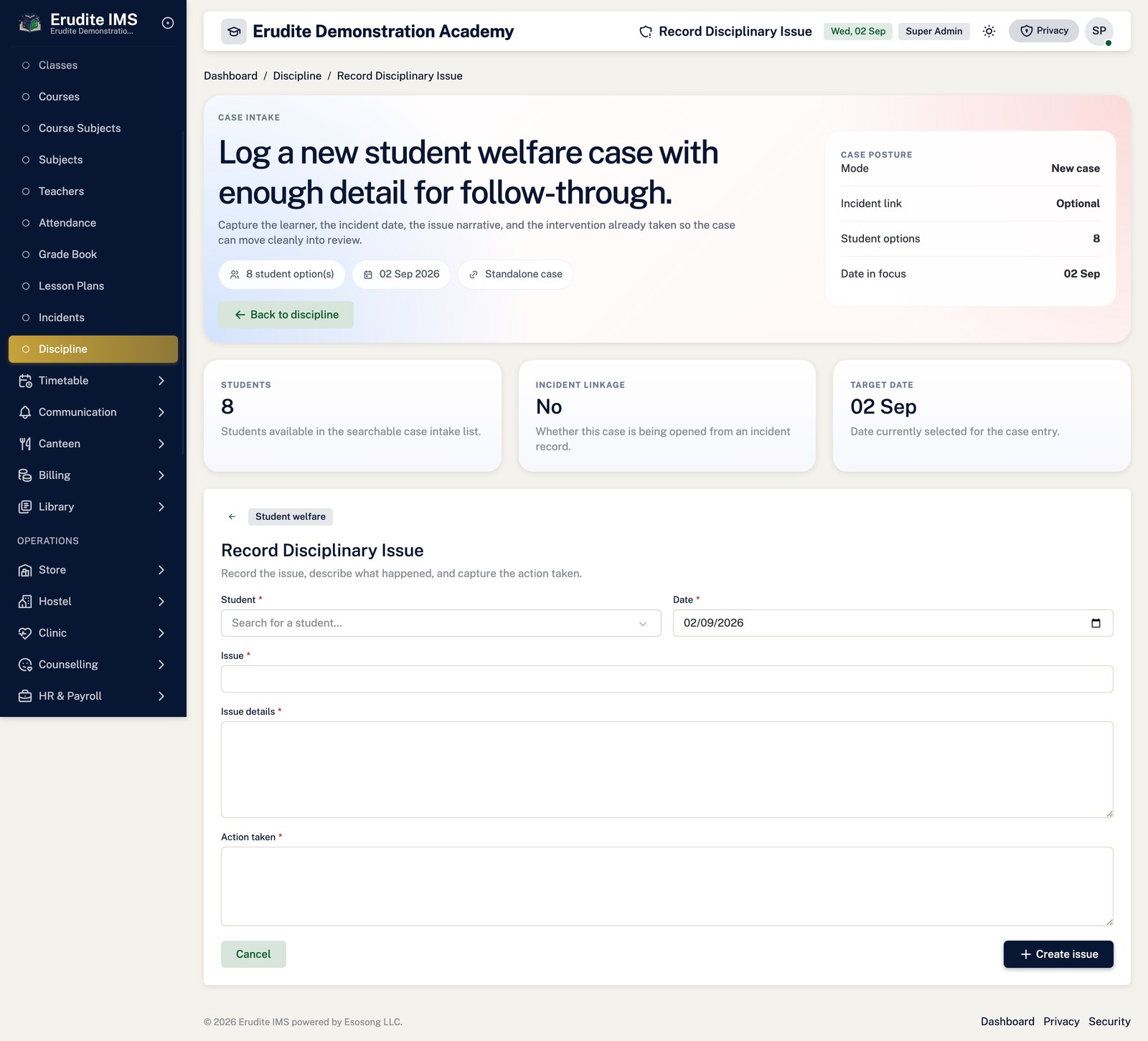 Disciplinary Issues create form screen