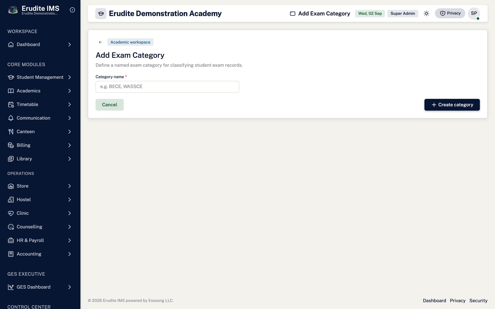 Exam Categories create form screen