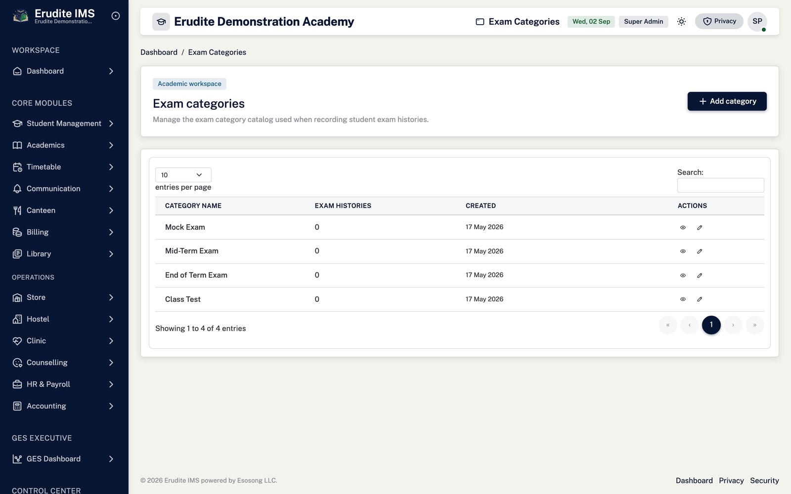 Exam Categories list screen
