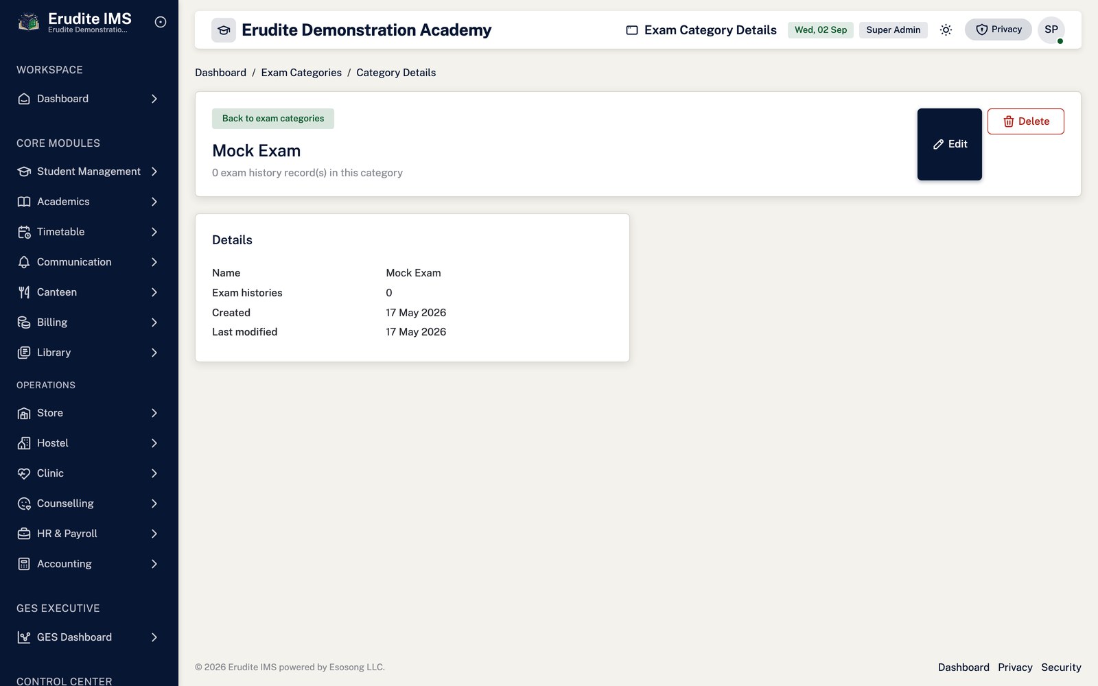 Exam Categories record screen