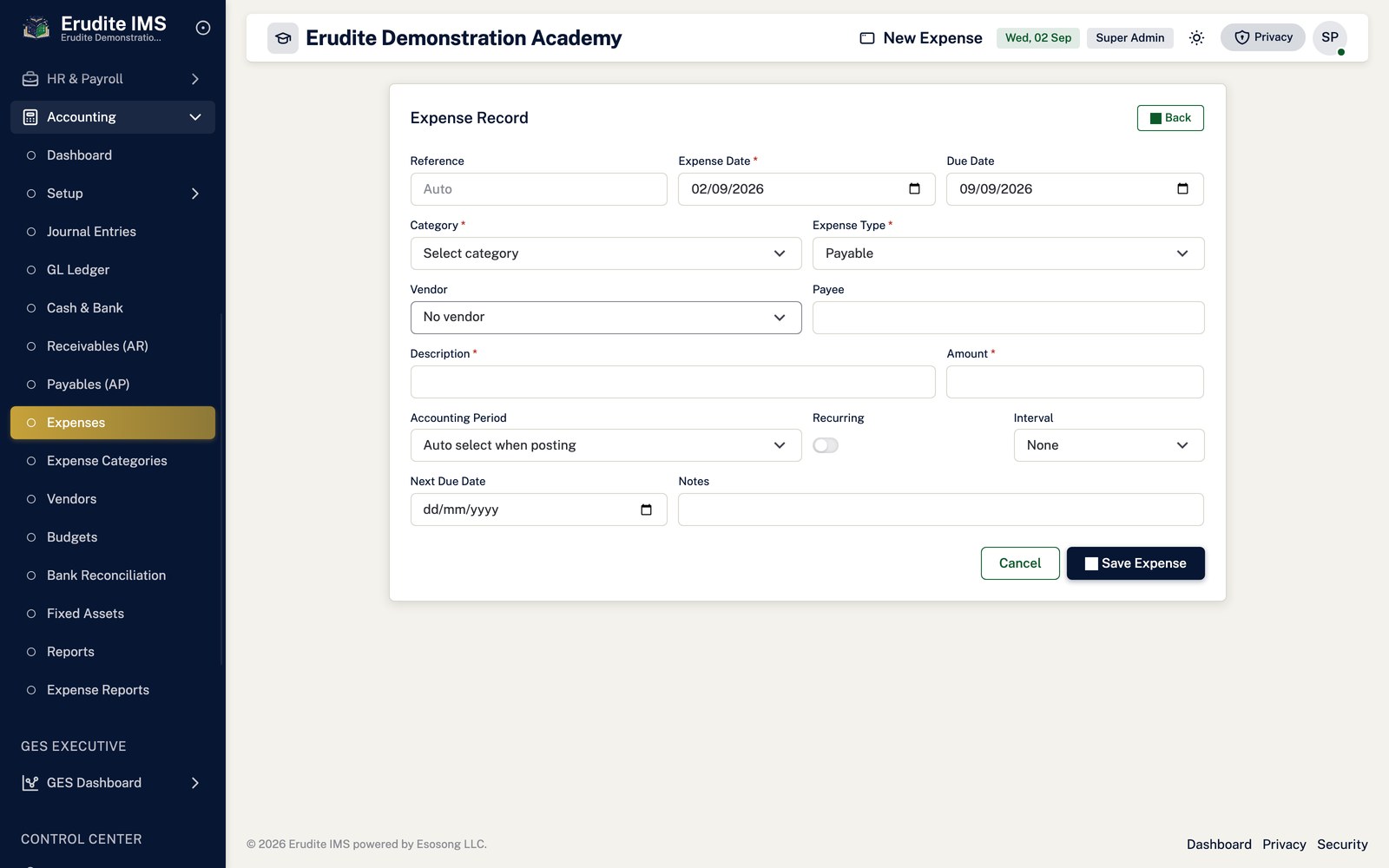 Expenses create form screen